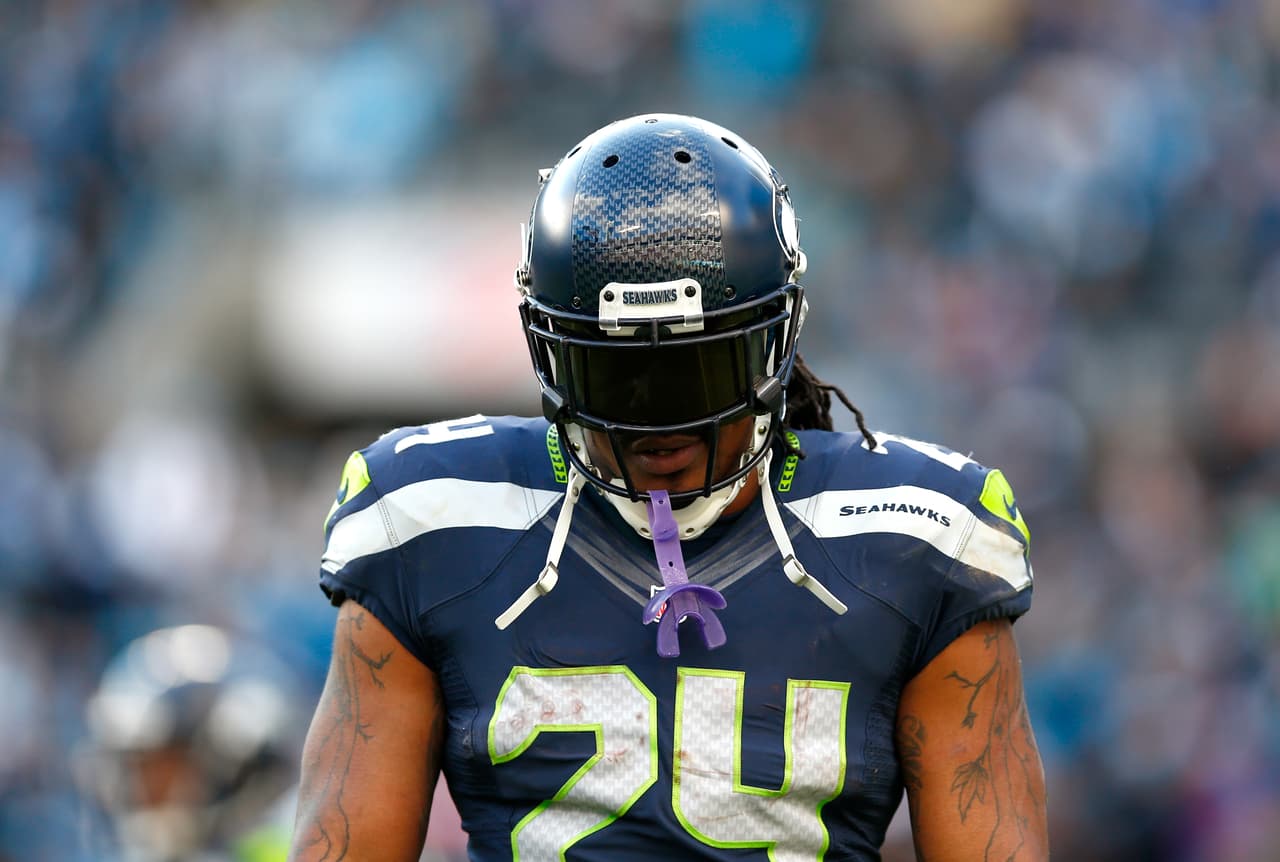 Seattle Seahawks running back Marshawn Lynch (24) looks on during an NFL divisional playoff football game against the Carolina Panthers on Sunday, Jan. 17, 2016 in Charlotte, N.C. Carolina won 31-24. (Aaron M. Sprecher via AP)