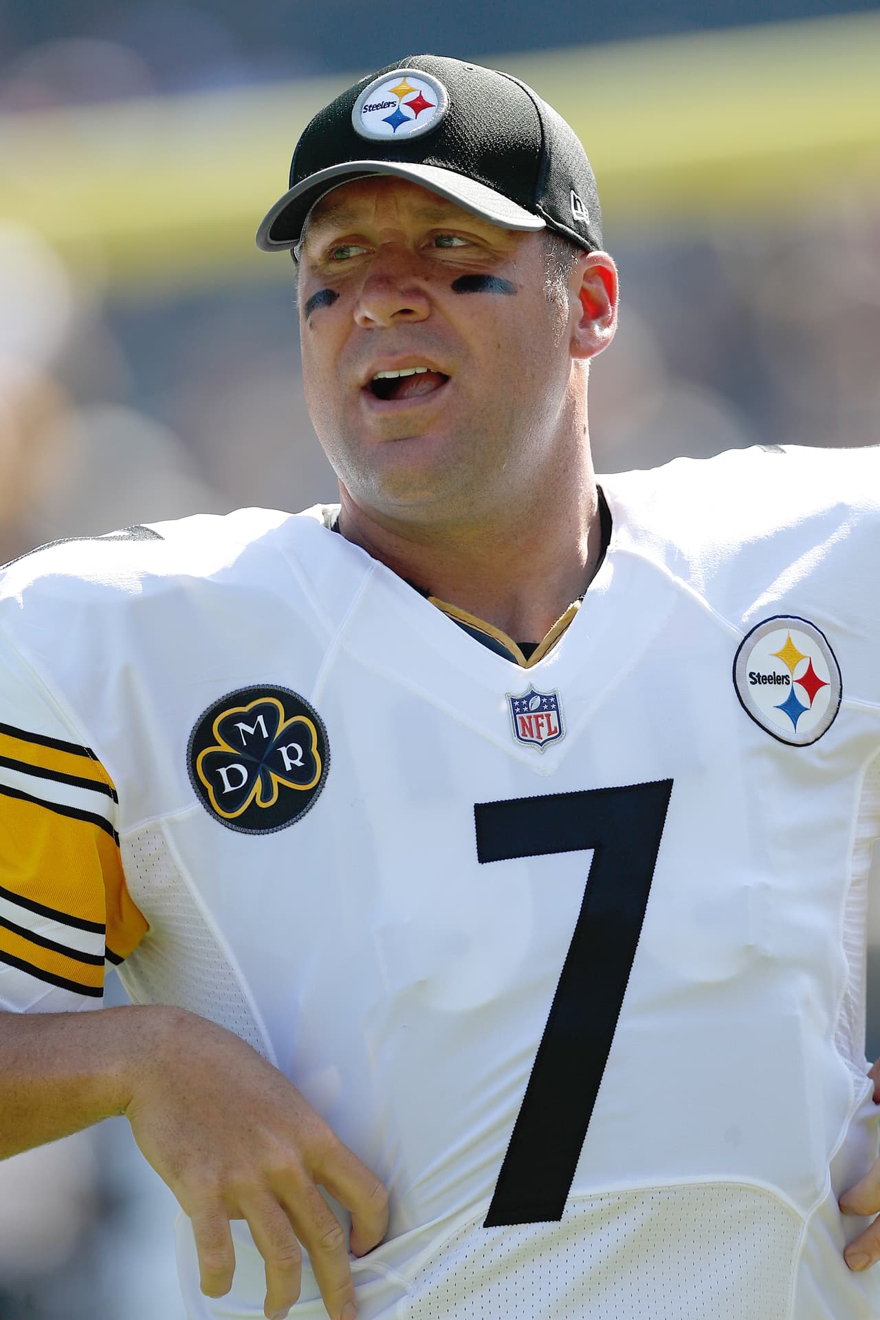 Pittsburgh Steelers quarterback Ben Roethlisberger (7) looks on from the sidelines during an NFL football game against the Chicago Bears, Sunday, Sept. 24, 2017, in Chicago. The Bears won 23-17 in overtime. (Scott Boehm via AP)