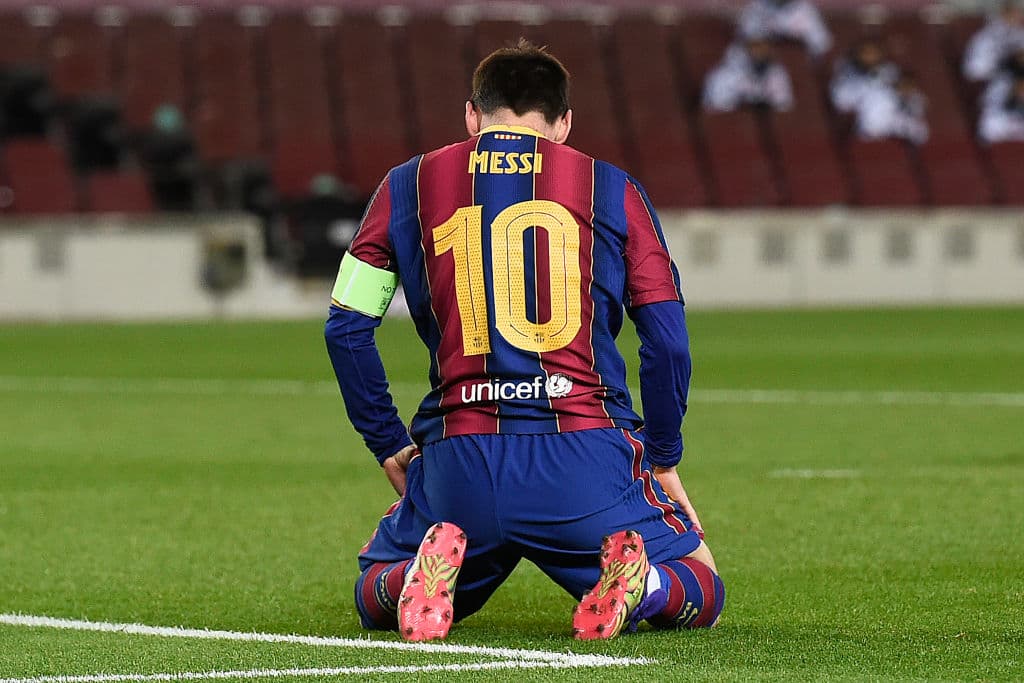 Barcelona's Argentinian forward Lionel Messi reacts after missing a goal opportunity during the UEFA Champions League group G football match between Barcelona and Juventus at the Camp Nou stadium in Barcelona on December 8, 2020. (Photo by Josep LAGO / AFP) (Photo by JOSEP LAGO/AFP via Getty Images)