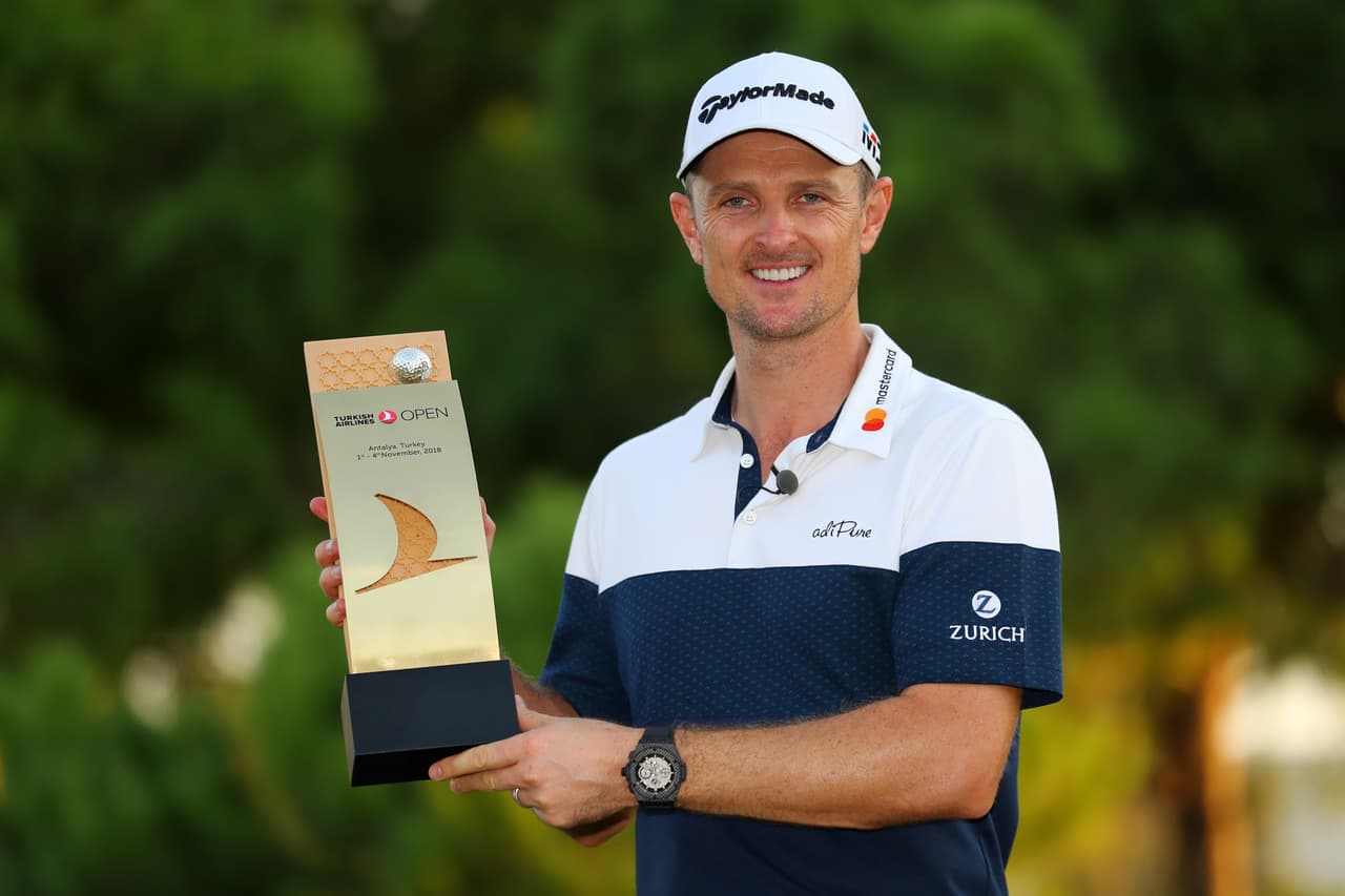 ANTALYA, TURKEY - NOVEMBER 04: Justin Rose of England poses with the Trophy after he wins the final round during Day Four of the Turkish Airlines Open at Regnum Carya Golf & Spa Resort on November 4, 2018 in Antalya, Turkey. (Photo by Warren Little/Getty Images)