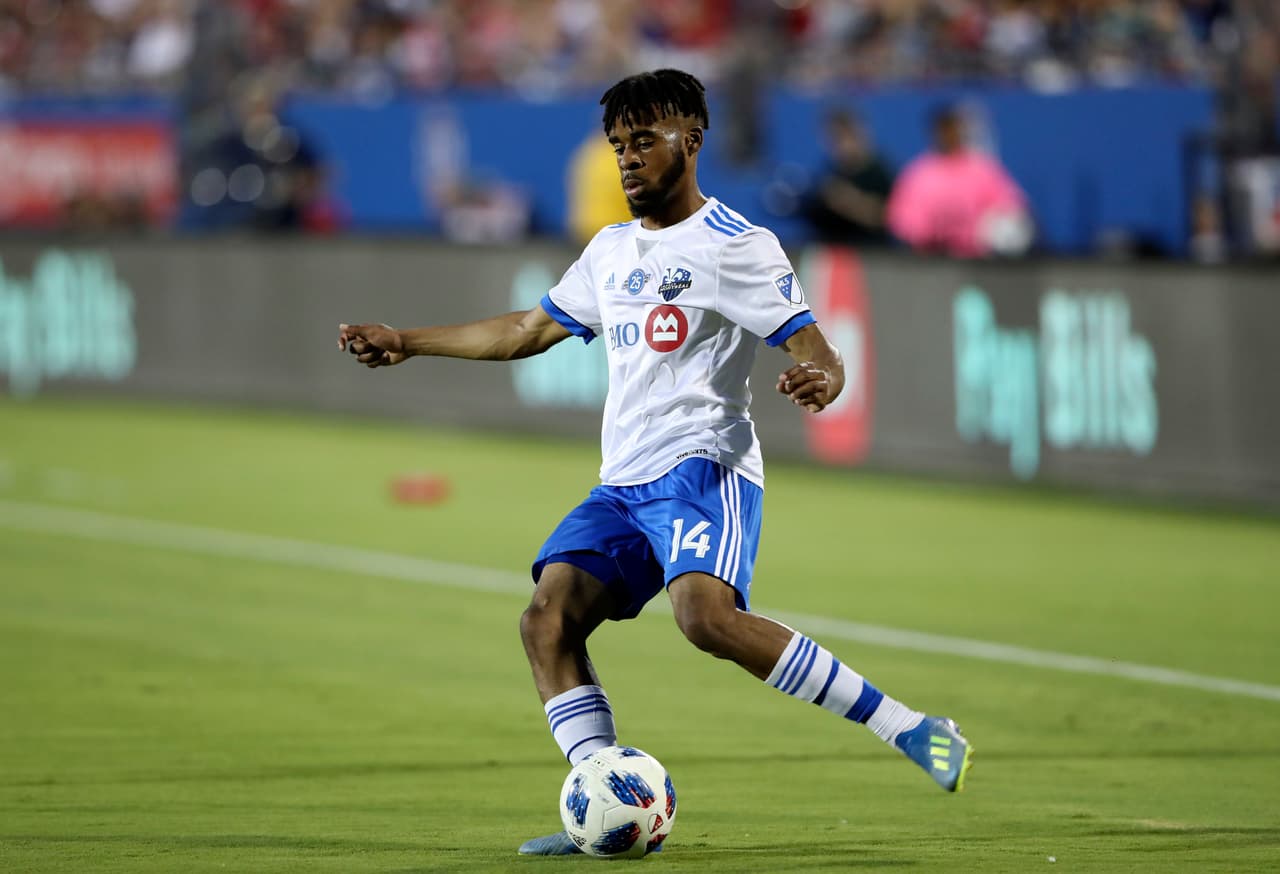 Jun 9, 2018; Frisco, TX, USA; Montreal Impact forward Raheem Edwards (14) in action during the match against FC Dallas at Pizza Hut Park. Mandatory Credit: Kevin Jairaj-USA TODAY Sports