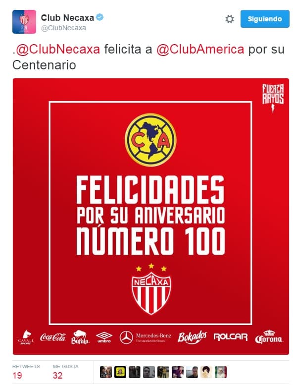 América cumple 100 años de existencia, por lo que diferentes equipos y personajes del medio futbolístico felicitaron a la institución. 
<br>
