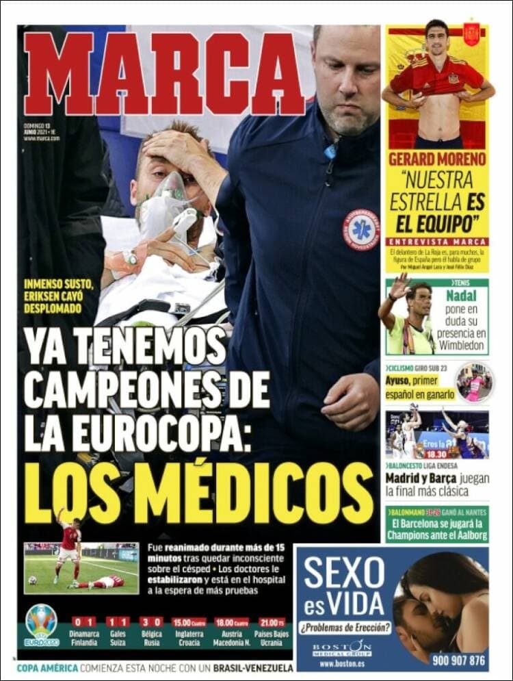 Estas fueron las portadas de la prensa tras el accidente del futbolista Christian Eriksen durante el partido Dinamarca-Finlandia en la Euro 2020.
