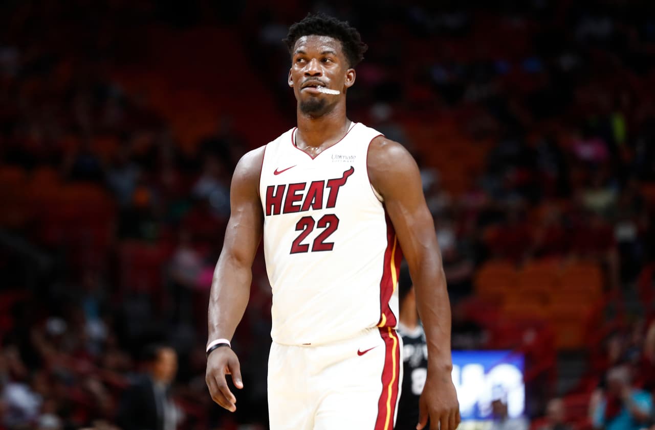 Miami Heat forward Jimmy Butler (22) in action during the second half of an NBA preseason basketball game against the San Antonio Spurss on Tuesday, Oct. 8, 2019, in Miami. (AP Photo/Brynn Anderson)