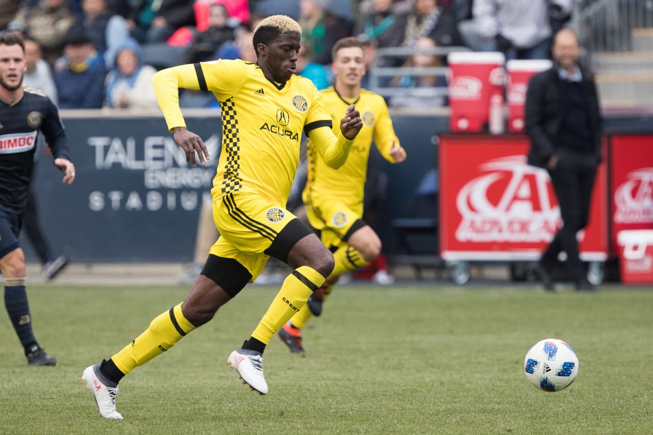 Mar 17, 2018; Philadelphia, PA, USA; Columbus Crew forward Gyasi Zardes (11) in action against the Philadelphia Union at Talen Energy Stadium. Mandatory Credit: Bill Streicher-USA TODAY Sports