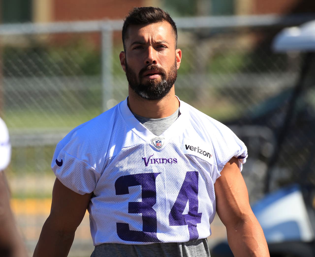 Minnesota Vikings safety Andrew Sendejo (34) walks to practice during NFL football training camp Thursday, July 27, 2017, in Mankato, Minn. (AP Photo/Andy Clayton-King)