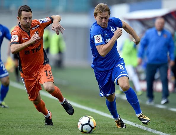 MOSCOW, RUSSIA - JULY 23: Kirill Panchenko (R) of FC Dinamo Moscow challenged by Denys Kulakov of FC Ural Ekaterinburg during the Russian Premier League match between FC Dinamo Moscow and FC Ural Ekaterinburg at the Arena Khimki Stadium on July 23, 2017 in Moscow, Russia. (Photo by Epsilon/Getty Images)