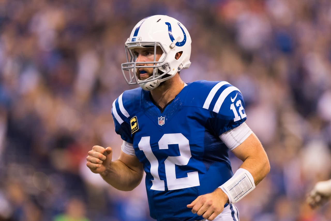 Indianapolis Colts quarterback Andrew Luck (12) celebrates during the NFL regular season football game against the Kansas City Chiefs on Sunday, Oct. 30, 2016 in Indianapolis. The Chiefs won, 30-14. (Ric Tapia via AP)