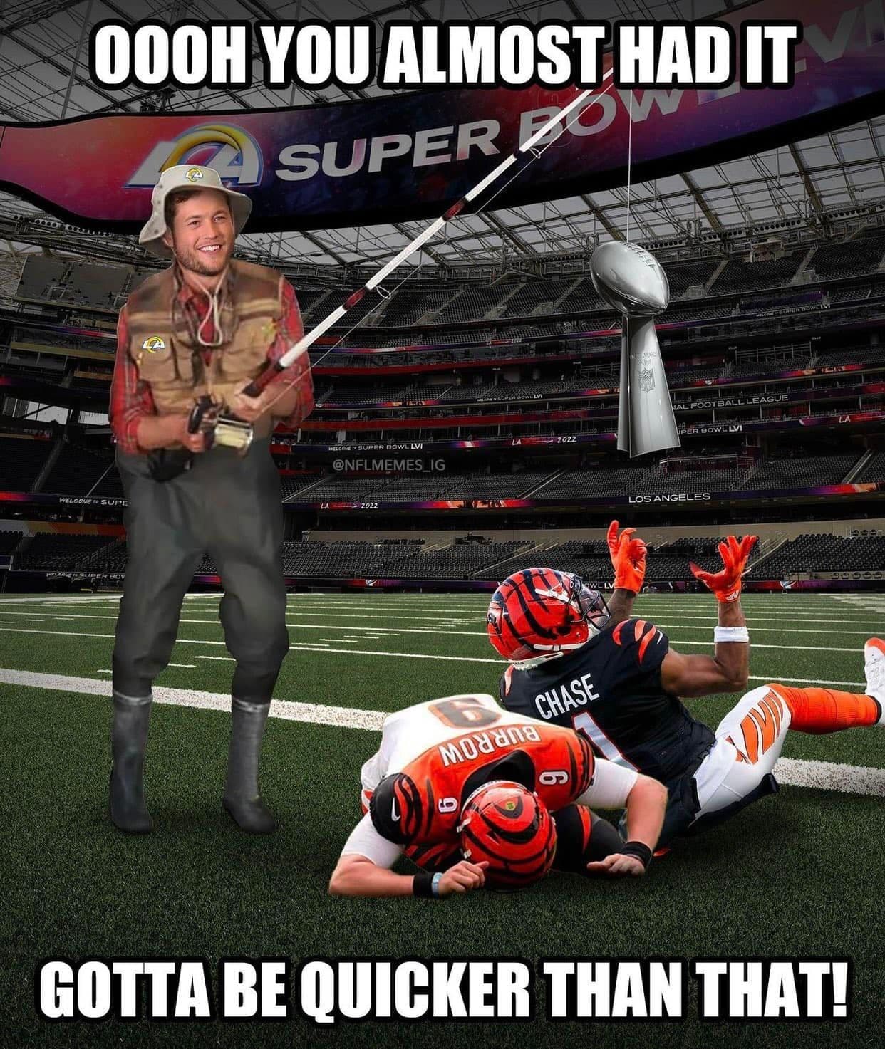 Disfruta los mejores memes del Super Bowl LVI, donde Los Angeles Rams levantaron el Vince Lombardi sobre Cincinnati Bengals y el show de medio tiempo estelarizado por Eminem, 50 Cent, Dr. Dre, Kendrick Lamar y Mary J. Blige, se llevó todas las palmas y también todos los memes.