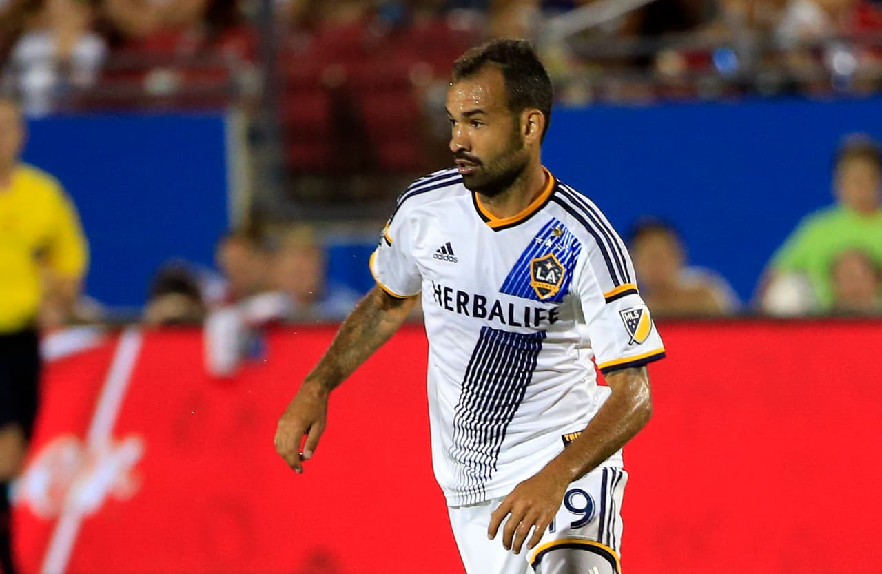Aug 15, 2015; Dallas, TX, USA; Los Angeles Galaxy midfielder Juninho (19) dribbles during the match against FC Dallas at Toyota Stadium. Mandatory Credit: Kevin Jairaj-USA TODAY Sports