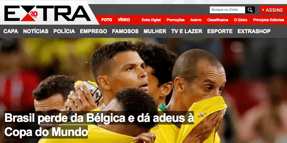 El diario 
<i>Extra</i> de Brasil: Brasil pierde con Bélgica y le dice adiós a la Copa.