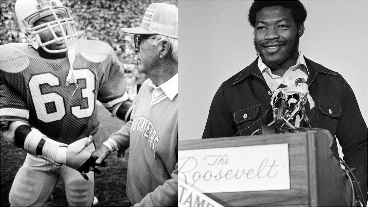 1976 LEE ROY SELMON | DE Oklahoma - 
<b>Tampa Bay Buccaneers</b>
<br>
<br>Lee Roy Selmon, tacle defensivo de Oklahoma, en una conferencia de prensa en Nueva York, el 9 de abril de 1976. Selmon fue elegido por los Tampa Bay Buccaneers en el draft universitario retrasado de la NFL, con la primera selección de aquel año.