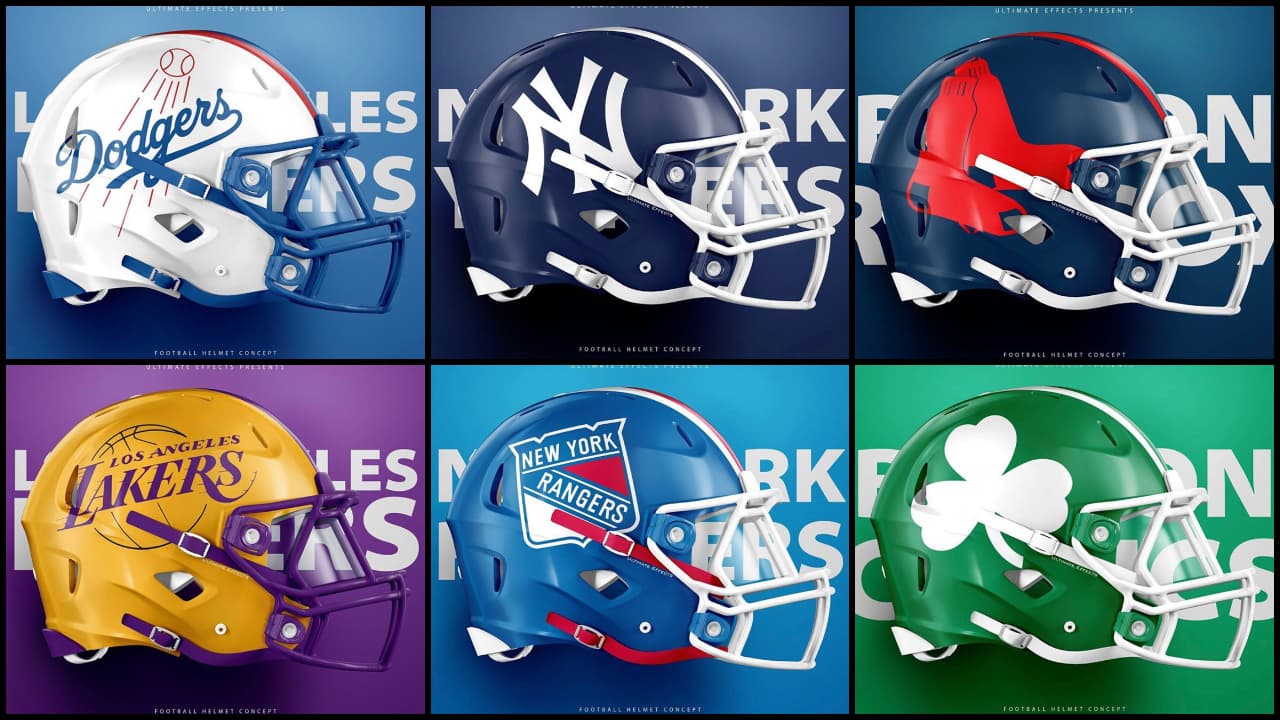 Los cascos de futbol americano adaptados a los distintas franquicias deportivas de Boston, Los Ángeles y New York.