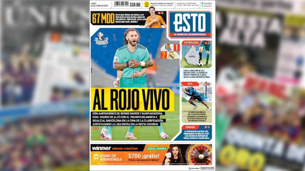 Al rojo vivo, titula el ESTO destacando el triunfo del Madrid y su liderazgo en La Liga por encima del Barcelona.