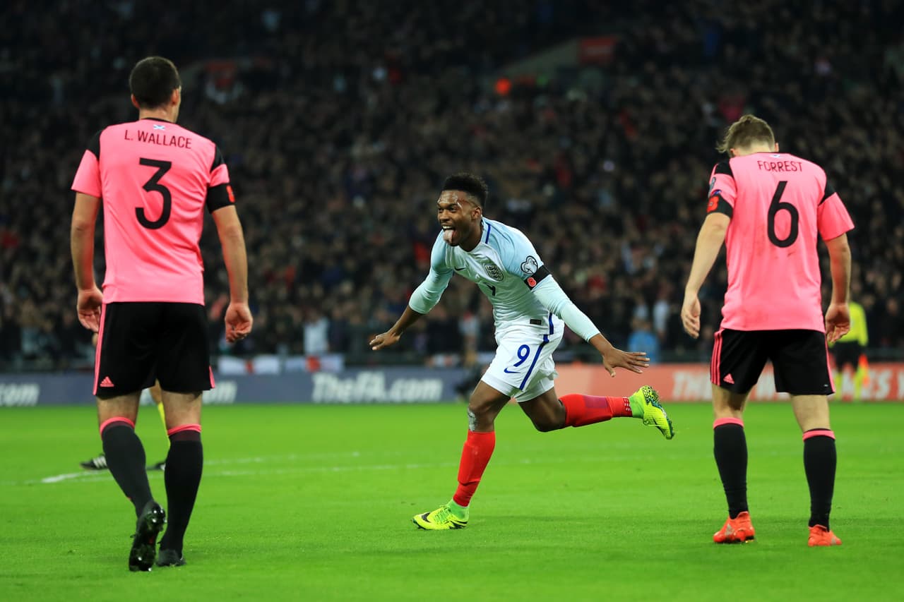 LONDON, ENGLAND - NOVEMBER 11: Daniel Sturridge of England (9) celebrates as he scores their first goal during the FIFA 2018 World Cup qualifying match between England and Scotland at Wembley Stadium on November 11, 2016 in London, England. (Photo by Richard Heathcote/Getty Images)