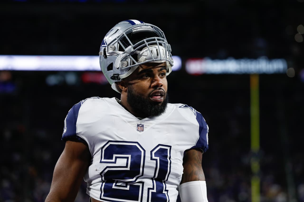 Dallas Cowboys running back Ezekiel Elliott (21) looks on prior to an NFL football game against the Minnesota Vikings on Thursday, Dec. 1, 2016, in Minneapolis. Dallas won 17-15. (Aaron M. Sprecher via AP)