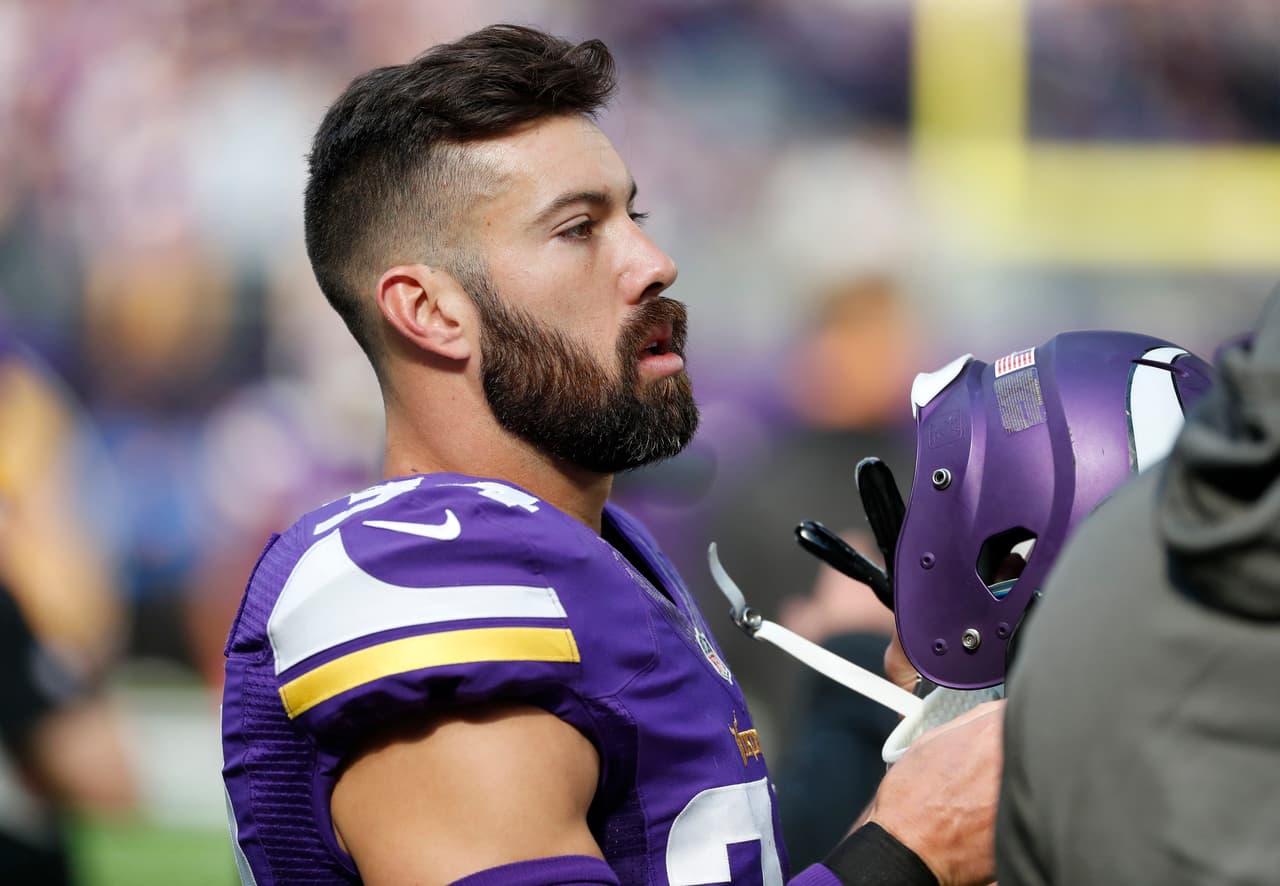 Minnesota Vikings defensive back Andrew Sendejo (34) rests during an NFL game against the Houston Texans on Sunday, Oct. 9, 2016, in Minneapolis, Minn. The Vikings won the game, 31-13. (Greg Trott via AP)