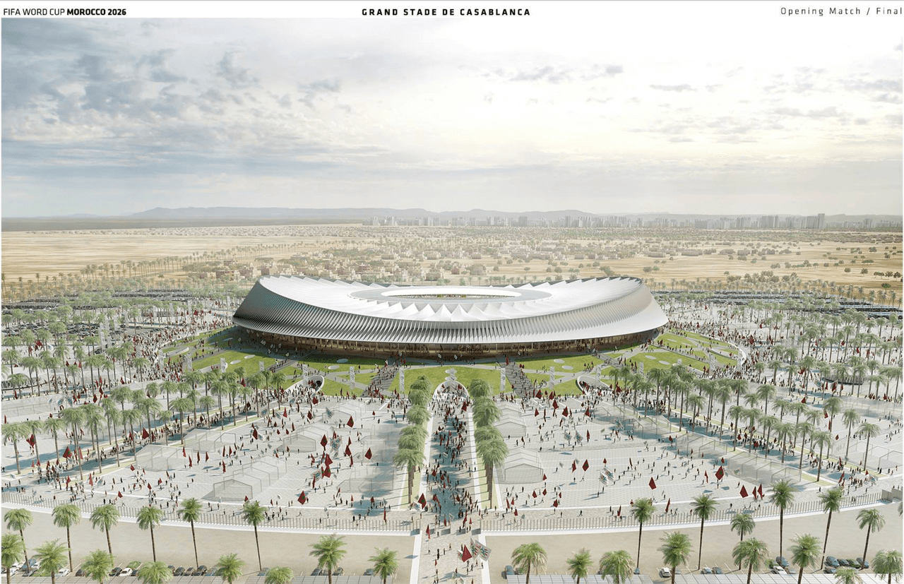 <b>Gran estadio de Casablanca</b>
<br>Marruecos tiene un estadio que se estima albergue a 93,000 personas y su objetivo es ser sede de la Copa del Mundo en el 2030. Se espera que esté listo para el 2025.