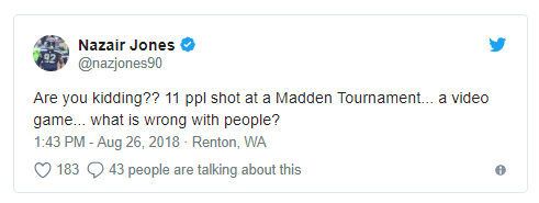Nazair Jones, tacle defensivo de los Seattle Seahawks: "¿Es esto en serio? ¿Once personas heridas en un torneo de Madden? ¿Un videojuego? ¿Qué le pasa a la gente?".
