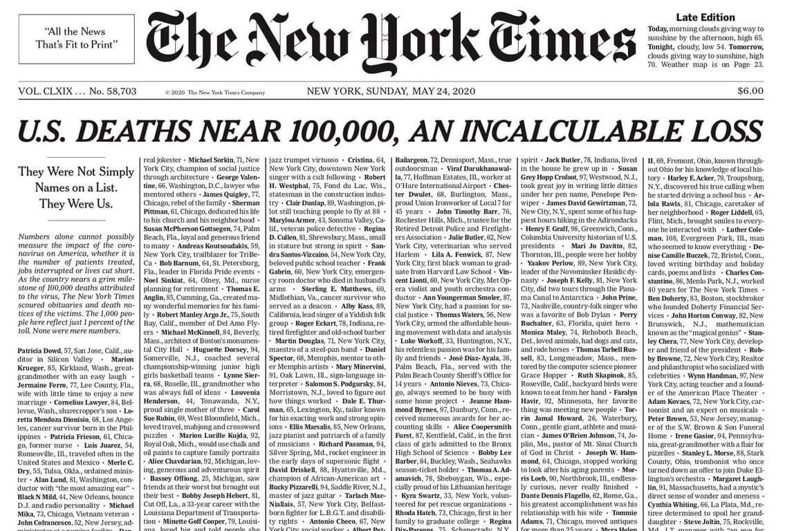 Los muertos por covid-19 en EEUU recordados en una impactante edición de  'The New York Times'