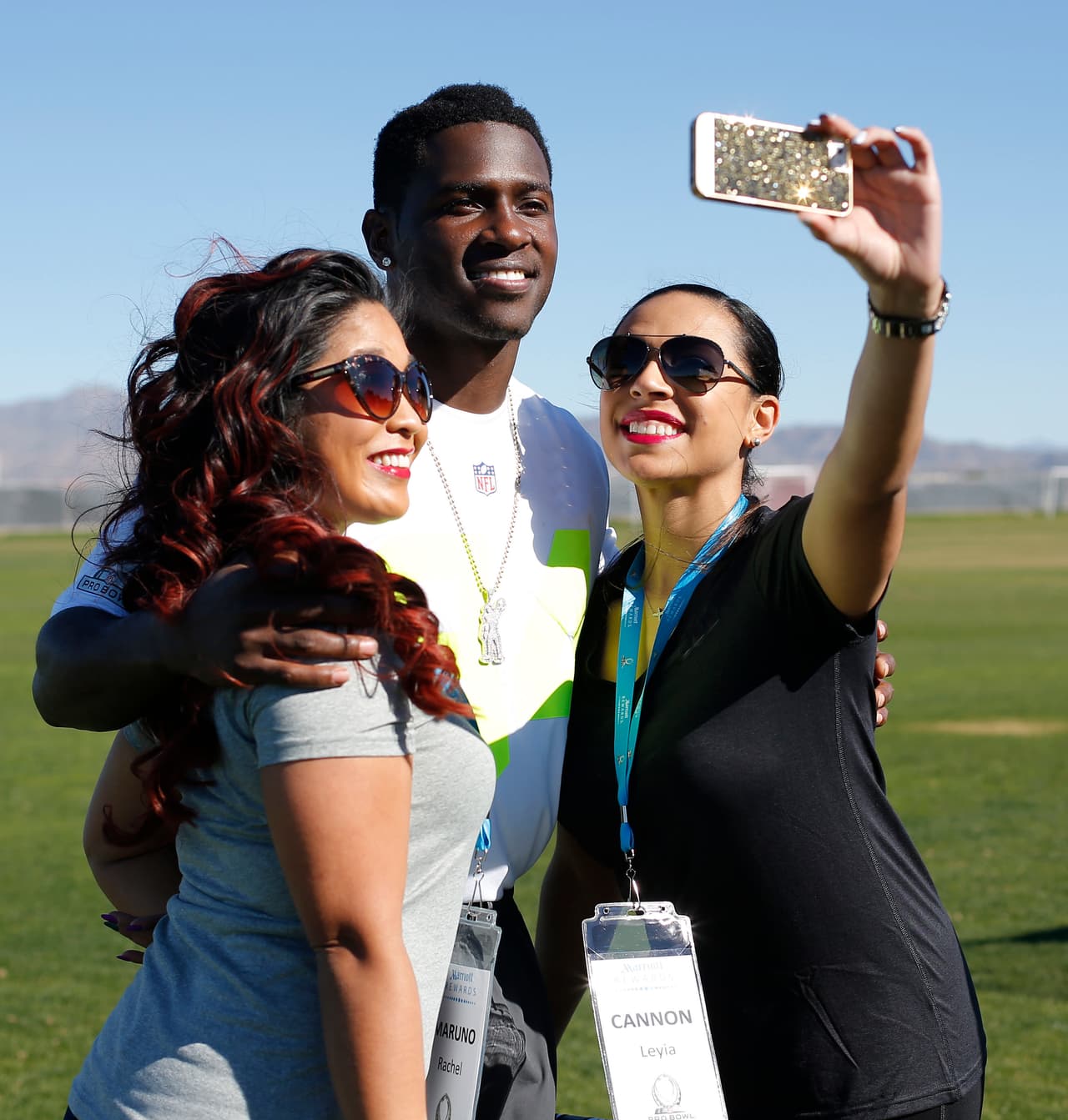 IMAGE DISTRIBUTED FOR MARRIOTT REWARDS - In this photo, provided by Marriott Rewards, Antonio Brown takes a selfie with two of his biggest fans, Rachel Maruno, left, and Leyia Cannon, at the Marriott Rewards "Most Passionate Fan Experience" on Saturday, Jan., 24, 2015, in Scottsdale, Arizona. As part of a contest, six lucky fans were chosen for their unmatched passion for the NFL to win a trip to meet their favorite player at the 2015 Pro Bowl in Arizona. (Photo by Rick Scuteri/Invision for Marriott Rewards/AP Images)