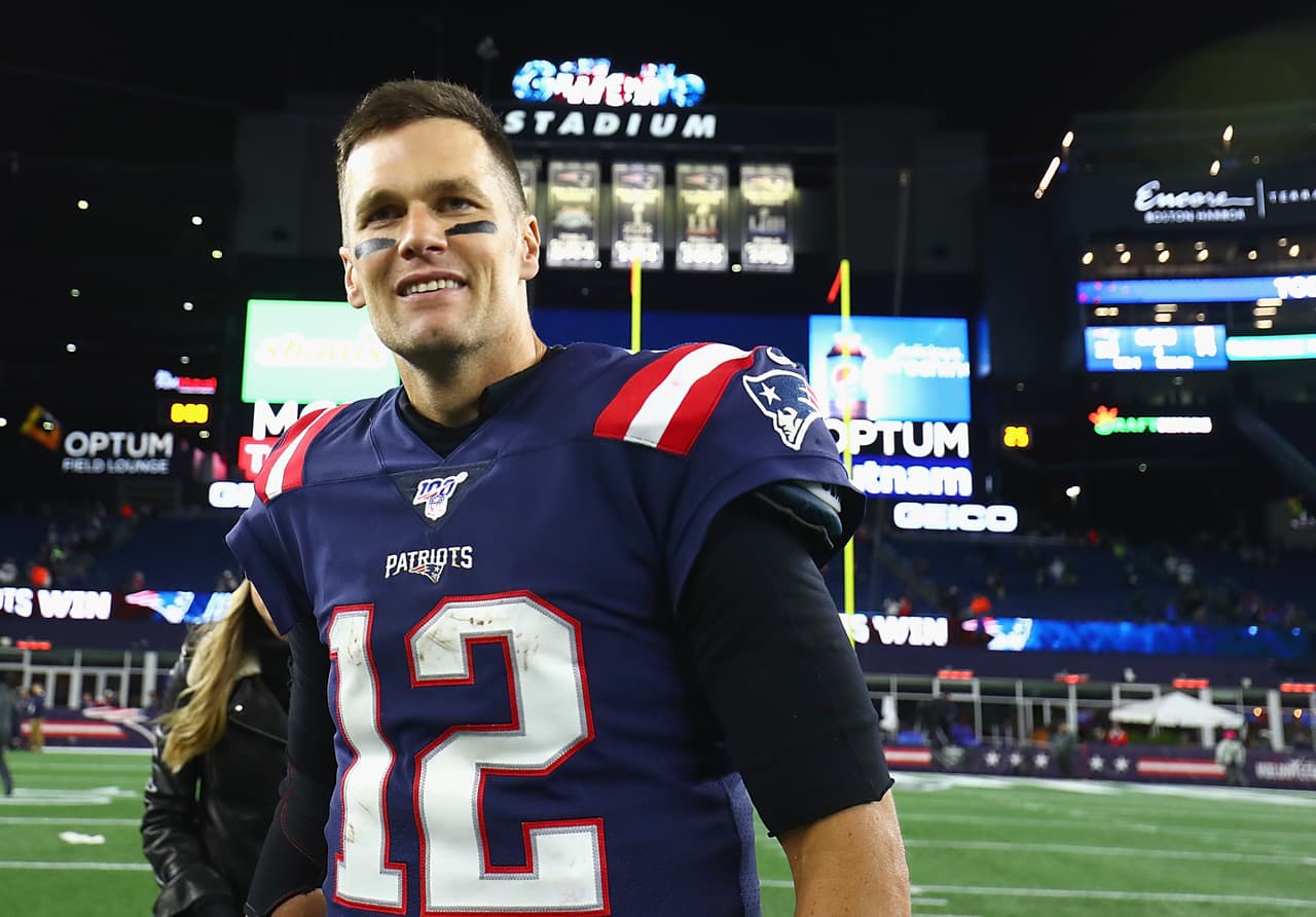 FOXBOROUGH, MASSACHUSETTS - OCTOBER 10: Tom Brady #12 of the New England Patriots celebrates after defeating the New York Giants in the game at Gillette Stadium on October 10, 2019 in Foxborough, Massachusetts. (Photo by Adam Glanzman/Getty Images)
