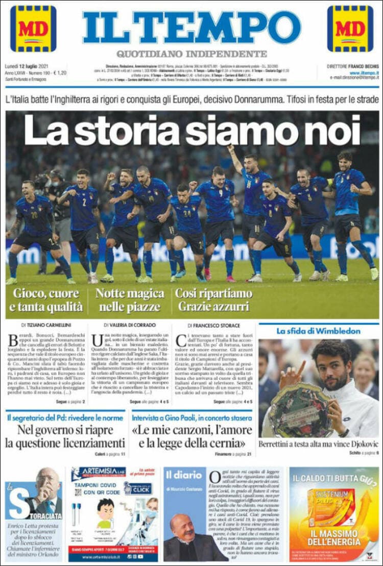 La prensa italiana celebra el campeonato en todos sus ejemplares, dedicándoles la portada a la 'Scuadra Azzurra', mientras que la prensa británica muestra, en la mayoría de sus periódicos muestra al entrenador Gareth Southgate abrazando a Bukayo Saka tras fallar el último penal que le dio la victoria a Italia.