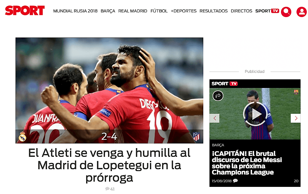 Otro diario deportivo español, de Barcelona, el 
<i>Diario Sport</i>, le da un raspón a Julen Lopetegui en su estreno como técnico del Real Madrid.