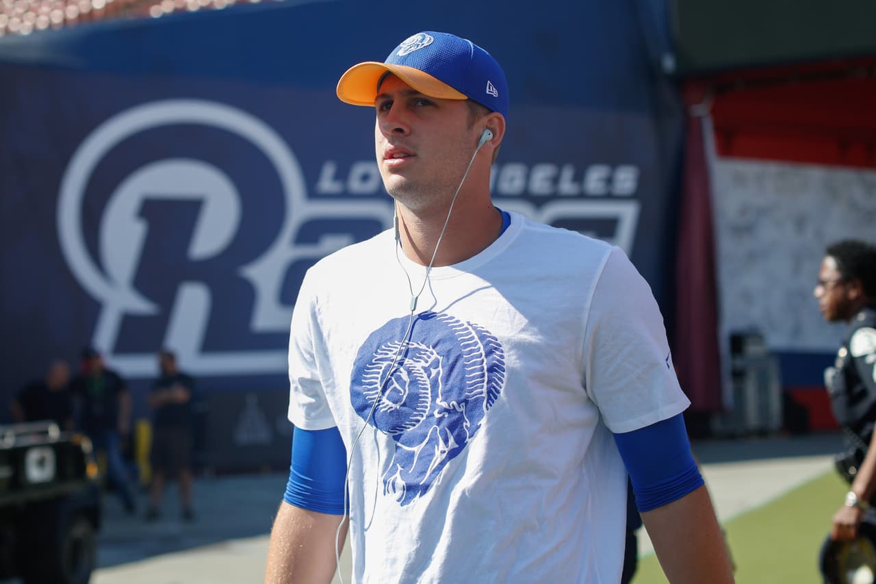 Los Angeles Rams quarterback Jared Goff stands on field prior to an NFL football game against the Seattle Seahawks at the Los Angeles Memorial Coliseum on Sunday, Sept. 18, 2016 in Los Angeles. (Ben Liebenberg via AP)