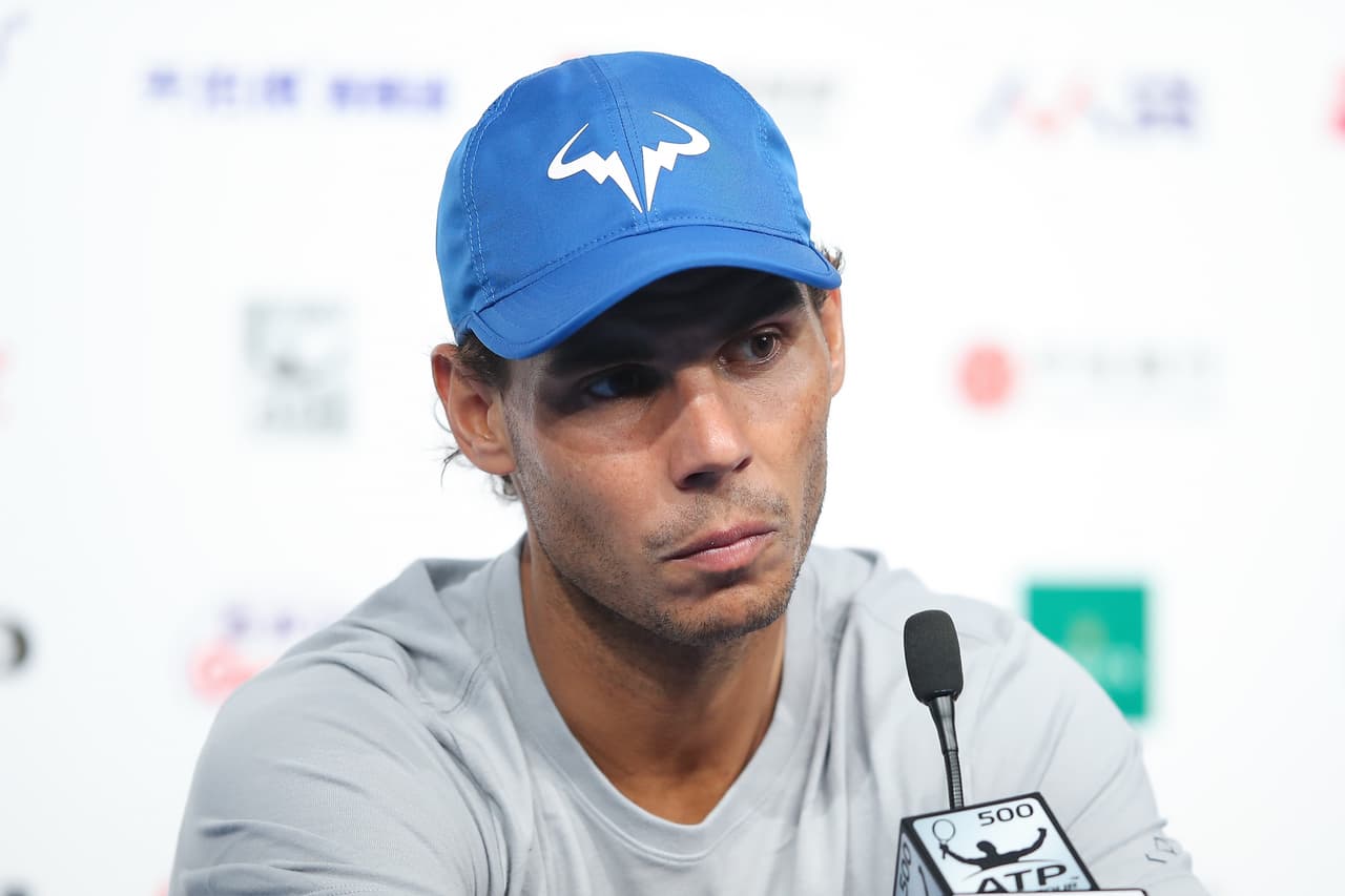 BEIJING, CHINA - OCTOBER 05: Rafael Nadal of Spain attends a press conference after winning the Karen Khachanov of Russia during the Men's singles 2rd round on day six of 2017 China Open at the China National Tennis Centre on October 5, 2017 in Beijing, China. (Photo by Lintao Zhang/Getty Images)