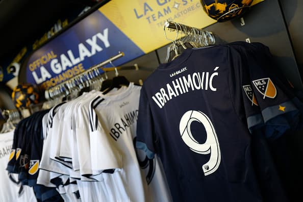 CARSON, CA - MARCH 30: LA Galaxy shirts on sale in the stadium shop with Ibrahimovic and the number 9 as Los Angeles Galaxy Introduce Zlatan Ibrahimovic at StubHub Center on March 30, 2018 in Carson, California. (Photo by Matthew Ashton - AMA/Getty Images)
