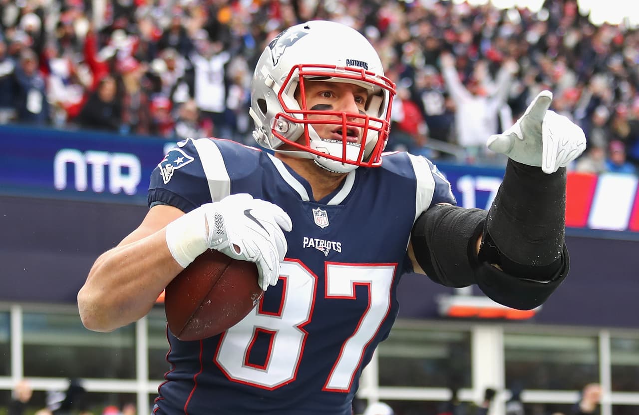FOXBORO, MA - DECEMBER 24: Rob Gronkowski #87 of the New England Patriots reacts after catching a touchdown pass during the second quarter of a game against the Buffalo Bills at Gillette Stadium on December 24, 2017 in Foxboro, Massachusetts. (Photo by Tim Bradbury/Getty Images)