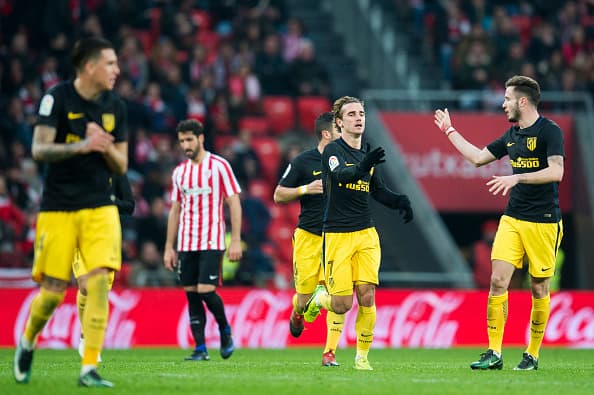 BILBAO, SPAIN - JANUARY 22: Antoine Griezmann of Atletico Madrid celebrates after scoring his team's second goal during the La Liga match between Athletic Club Bilbao and Atletico Madrid at San Mames Stadium on January 22, 2017 in Bilbao, Spain. (Photo by Juan Manuel Serrano Arce/Getty Images)