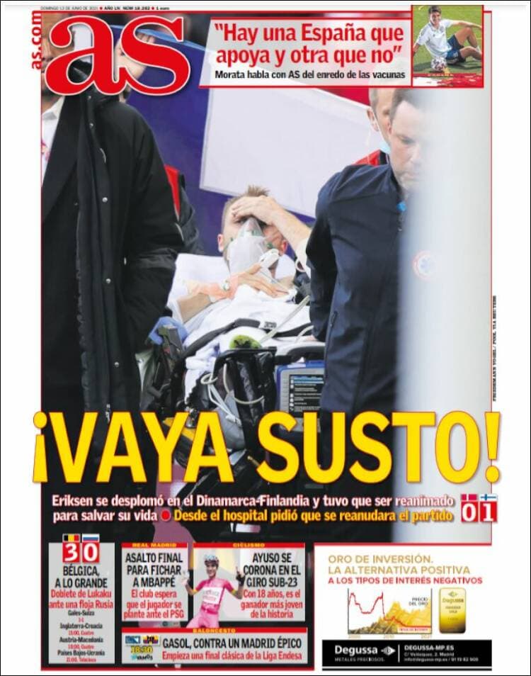 Estas fueron las portadas de la prensa tras el accidente del futbolista Christian Eriksen durante el partido Dinamarca-Finlandia en la Euro 2020.