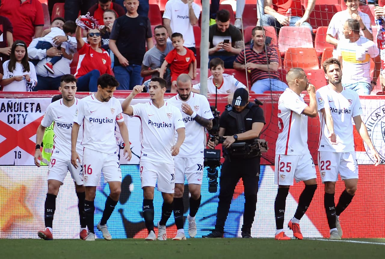 La celebración sevillista después del gol de Wissam Ben Yedder.
