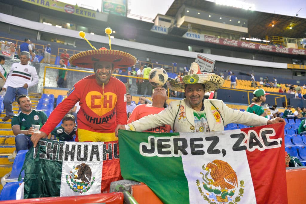 MONTERREY, MEXICO - OCTOBER 11: Fans of Mexico's National Team pose inside the Universitario Stadium prior the international friendly match between Mexico and Costa Rica at Universitario Stadium on October 11, 2018 in Monterrey, Mexico. (Photo by Azael Rodriguez/Getty Images)