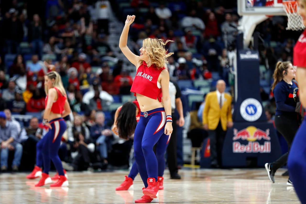 New Orleans Pelicans cheerleaders perform in the second half of an NBA basketball game in New Orleans, Monday, Nov. 26, 2018. The Celtics won 124-107. (AP Photo/Gerald Herbert)