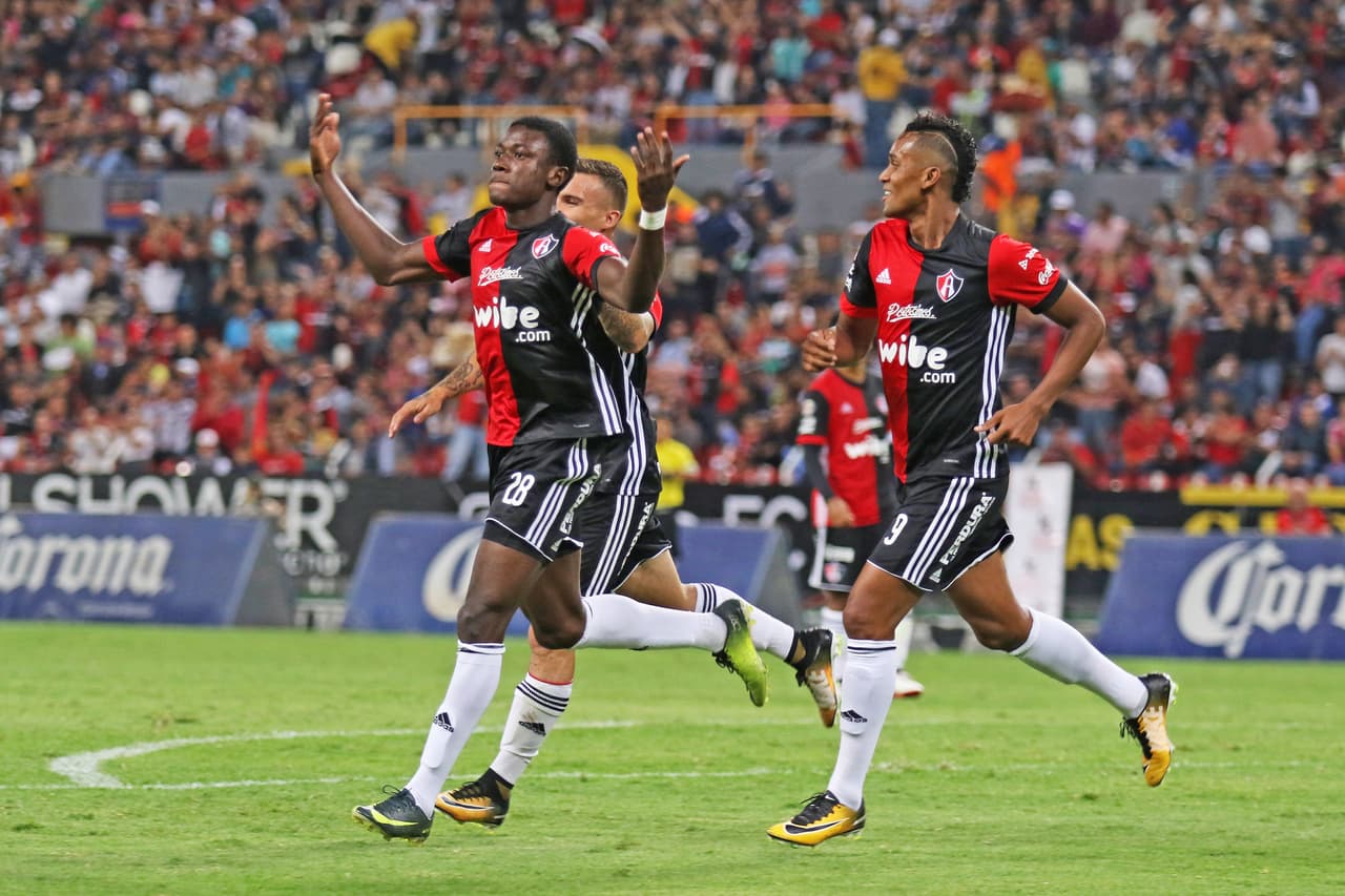 Action photo during the match Atlas vs Colts UAEM F.C, Corresponding to 1st of the Corona MX Cup, Torneo Apertura 2017, at Estadio Jalisco. Foto de accion durante el partido Atlas vs Potros UAEM F.C, Correspondiente a la Jornada 1 de la Copa Corona MX del Torneo Apertura 2017, en el Estadio Jalisco, en la foto: (i-d) Serge Patrick Njoh Soko celebra su gol con Christian Tabo y Fidel Martinez de Atlas 25/07/2017/MEXSPORT/Edgar Quintana.