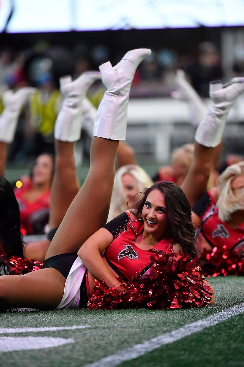 Atlanta Falcons cheerleaders perform during the first half of an NFL preseason football game between the Atlanta Falcons and the Kansas City Chiefs, Friday, Aug. 17, 2018, in Atlanta. (AP Photo/John Amis)