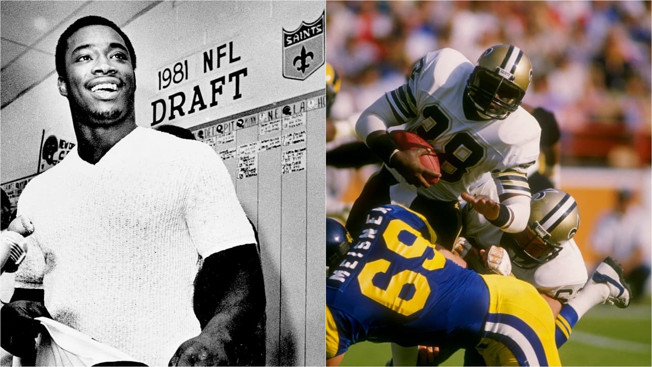 1981 GEORGE ROGERS | RB South Carolina - 
<b>New Orleans Saints</b>
<br>
<br>El corredor George Rogers de los New Orleans Saints lleva la pelota durante un juego contra los Los Angeles Rams en el Anaheim Stadium en Anaheim, California. Fue el pick #1 global en 1981.