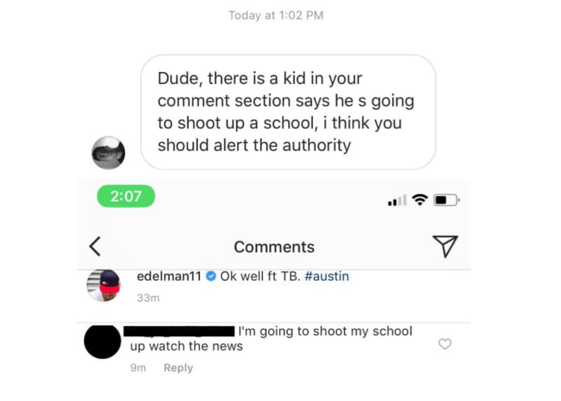 Arriba: el mensaja de alerta | Abajo: el comentario amenazante