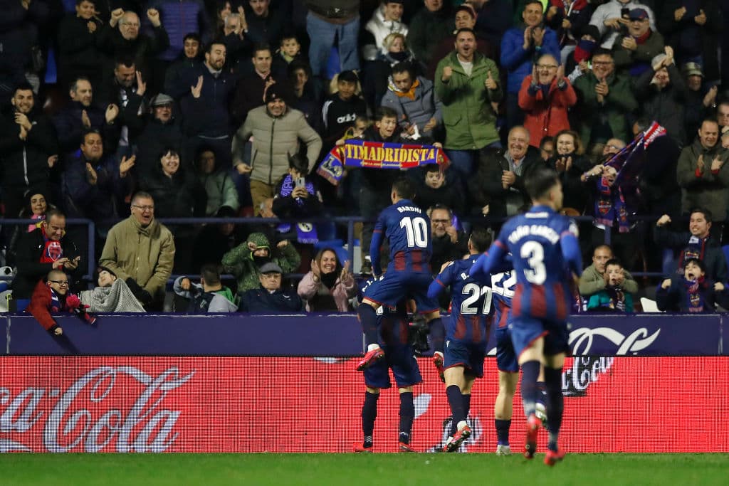 VALENCIA, SPAIN - FEBRUARY 22: Jose Luis Morales of Levante UD celebrates with his team mates after scoring his team's first goal during the La Liga match between Levante UD and Real Madrid CF at Ciutat de Valencia on February 22, 2020 in Valencia, Spain. (Photo by Eric Alonso/Getty Images)