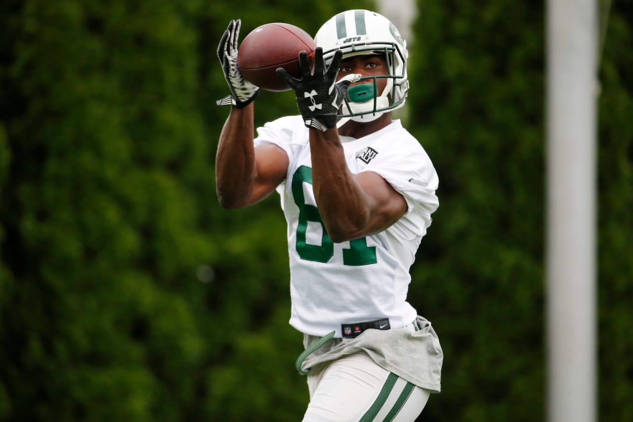 New York Jets wide receiver Quincy Enunwa makes a catch during NFL football practice, Wednesday, June 8, 2016, in Florham Park, N.J. (AP Photo/Julio Cortez)