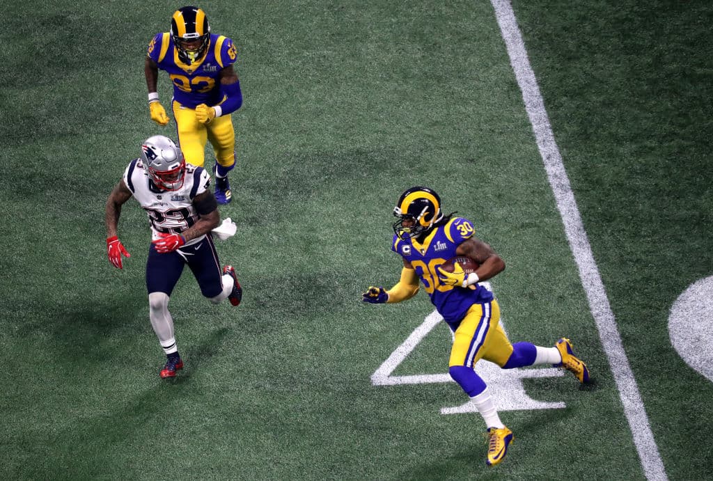 ATLANTA, GEORGIA - FEBRUARY 03: Todd Gurley #30 of the Los Angeles Rams runs the ball against the New England Patriots during Super Bowl LIII at Mercedes-Benz Stadium on February 03, 2019 in Atlanta, Georgia. (Photo by Rob Carr/Getty Images)
