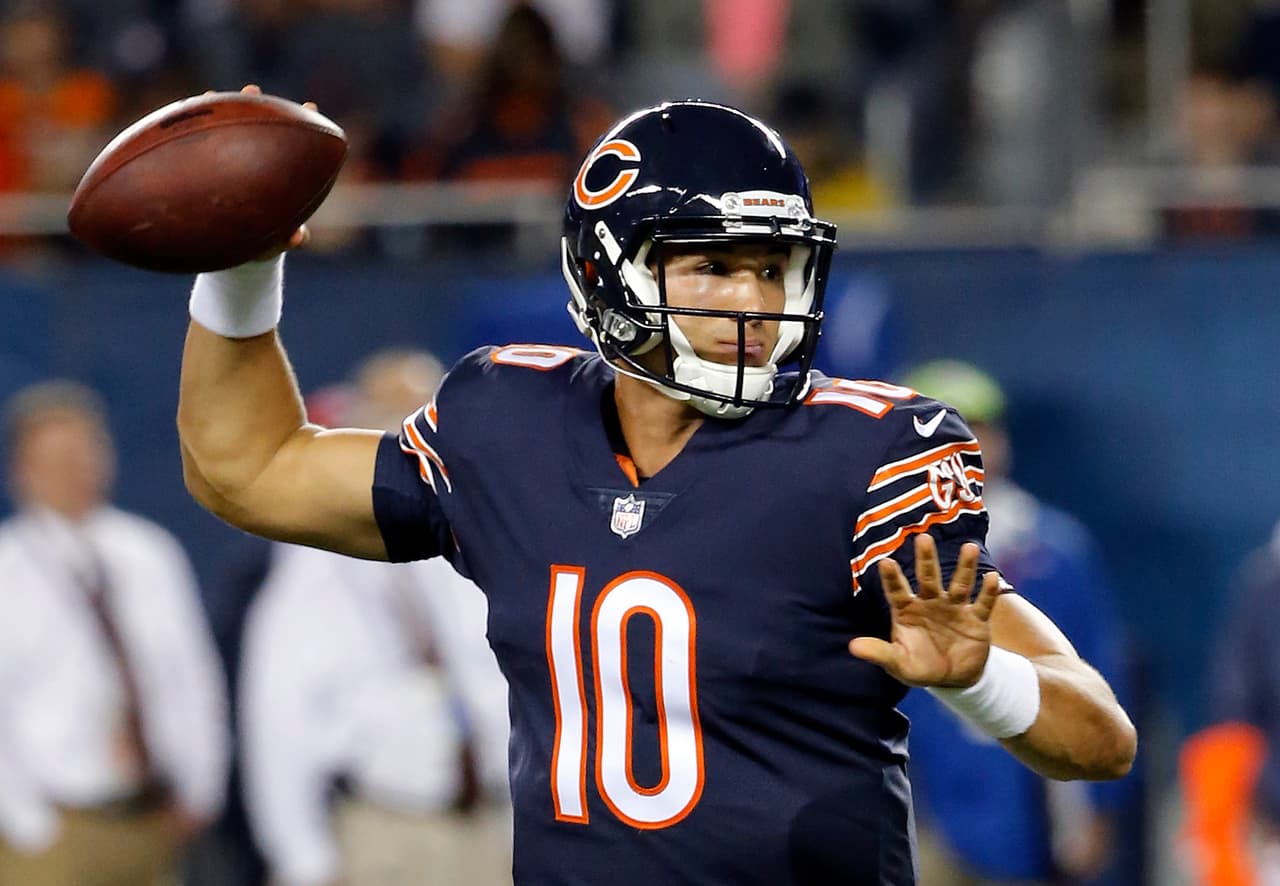 Chicago Bears quarterback Mitchell Trubisky (10) throws a pass during the first half of an NFL preseason football game against the Denver Broncos, Thursday, Aug. 10, 2017, in Chicago. (AP Photo/Charles Rex Arbogast)