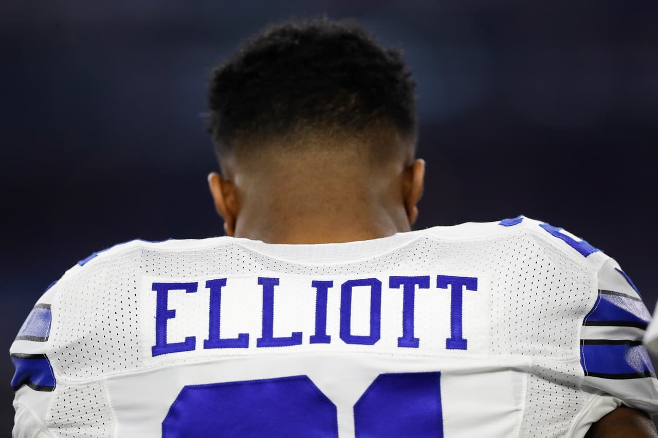 Dallas Cowboys rookie running back Ezekiel Elliott (21) looks on prior to an NFL football game against the Detroit Lions on Monday, Dec. 26, 2016, in Arlington, Texas. Dallas won 42-21. (Aaron M. Sprecher via AP)