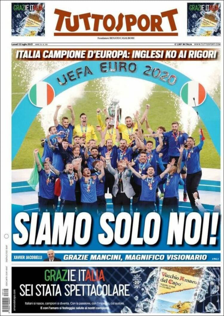 La prensa italiana celebra el campeonato en todos sus ejemplares, dedicándoles la portada a la 'Scuadra Azzurra', mientras que la prensa británica muestra, en la mayoría de sus periódicos muestra al entrenador Gareth Southgate abrazando a Bukayo Saka tras fallar el último penal que le dio la victoria a Italia.