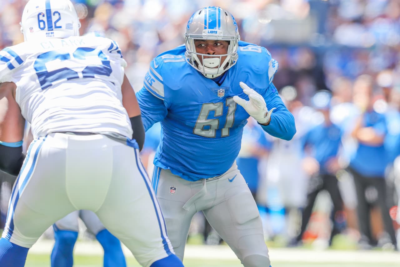 Detroit Lions defensive end Kerry Hyder (61) during a NFL preseason football game against the Indianapolis Colts on Sunday, Aug. 13, 2017 in Indianapolis. (Detroit Lions via AP)