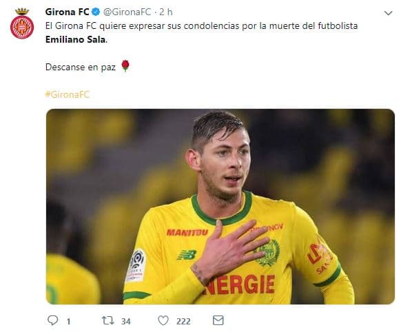 Girona, uno de los equipos revelación en las últimas dos temporadas en España, dejó su pésame.