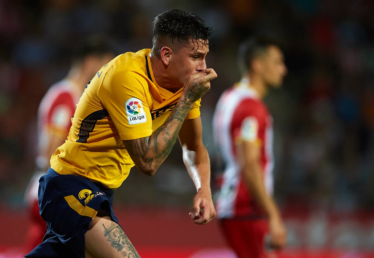 GIRONA, SPAIN - AUGUST 19: Jose Maria Gimenez of Atletico de Madrid celebrates scoring his team's second goal during the La Liga match between Girona and Atletico Madrid at Municipal de Montilivi Stadium on August 19, 2017 in Girona, Spain. (Photo by Manuel Queimadelos Alonso/Getty Images)